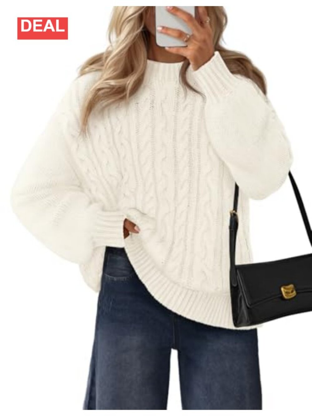 Cable Knit Chunky Pullover Sweater Lantern Sleeve Loose Fit